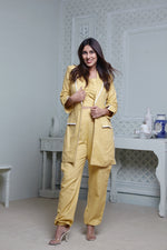 Load image into Gallery viewer, LEMON YELLOW LONG BLAZER WITH CONTRAST PIPING, SIDE POCKET PANT &amp; BUSTIER
