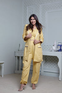 LEMON YELLOW LONG BLAZER WITH CONTRAST PIPING, SIDE POCKET PANT & BUSTIER