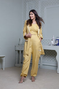LEMON YELLOW LONG BLAZER WITH CONTRAST PIPING, SIDE POCKET PANT & BUSTIER
