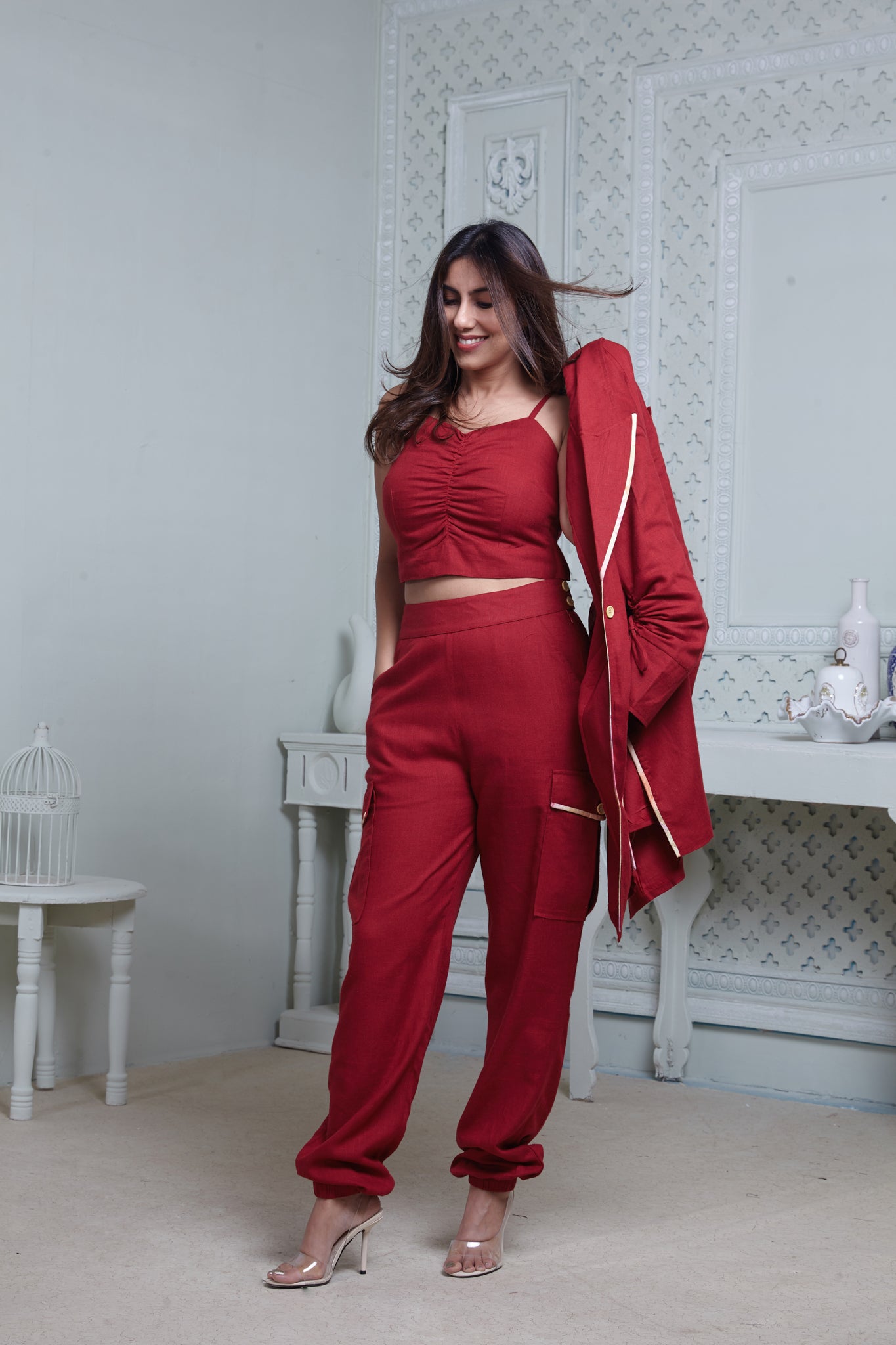 RED LONG BLAZER WITH CONTRAST PIPING, SIDE POCKET PANT & BUSTIER