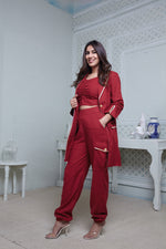 Load image into Gallery viewer, RED LONG BLAZER WITH CONTRAST PIPING, SIDE POCKET PANT &amp; BUSTIER
