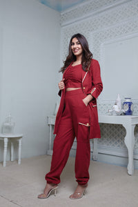 RED LONG BLAZER WITH CONTRAST PIPING, SIDE POCKET PANT & BUSTIER