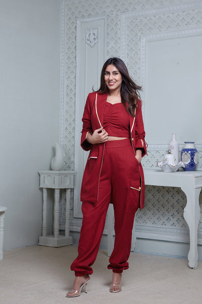 RED LONG BLAZER WITH CONTRAST PIPING, SIDE POCKET PANT & BUSTIER