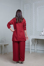 Load image into Gallery viewer, RED LONG BLAZER WITH CONTRAST PIPING, SIDE POCKET PANT &amp; BUSTIER

