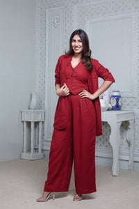 RED BELL-BOTTOM PANT WITH HALTER VEST COAT AND LONG BLAZER