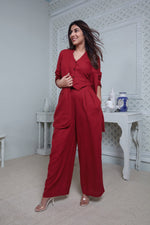 Load image into Gallery viewer, RED BELL-BOTTOM PANT WITH HALTER VEST COAT AND LONG BLAZER
