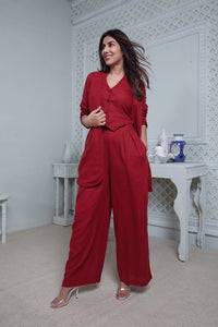 RED BELL-BOTTOM PANT WITH HALTER VEST COAT AND LONG BLAZER