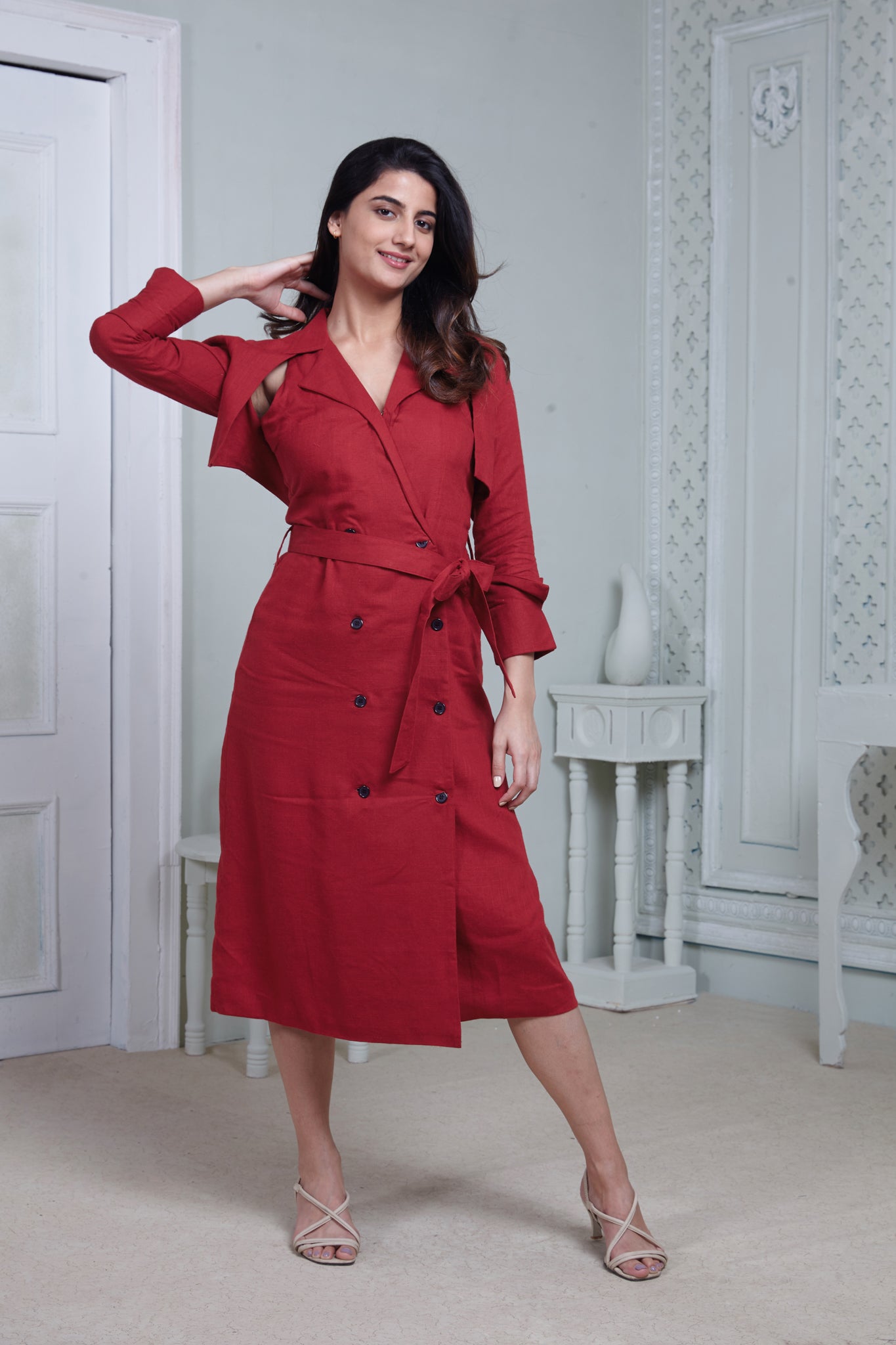 RED LONG MIDI WITH ATTACHED JACKET