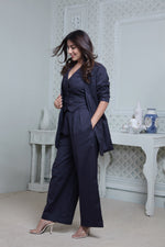 Load image into Gallery viewer, #FLARE IT - NAVY BELL-BOTTOM PANTS WITH HALTER VEST COAT AND LONG BLAZER
