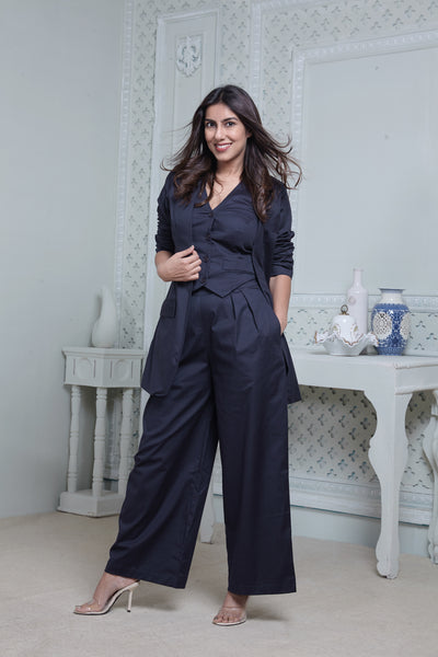 #FLARE IT - NAVY BELL-BOTTOM PANTS WITH HALTER VEST COAT AND LONG BLAZER