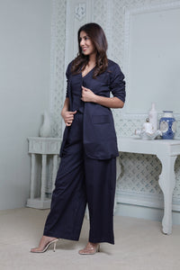 #FLARE IT - NAVY BELL-BOTTOM PANTS WITH HALTER VEST COAT AND LONG BLAZER