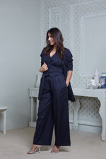 Load image into Gallery viewer, #FLARE IT - NAVY BELL-BOTTOM PANTS WITH HALTER VEST COAT AND LONG BLAZER
