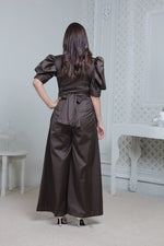 Load image into Gallery viewer, DARK OLIVE FRONT TIE UP AND PUFFED SHORT SLEEVED JUMPSUIT
