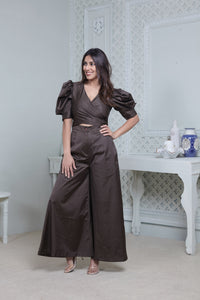 DARK OLIVE FRONT TIE UP AND PUFFED SHORT SLEEVED JUMPSUIT