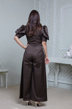 Load image into Gallery viewer, DARK OLIVE FRONT TIE UP AND PUFFED SHORT SLEEVED JUMPSUIT
