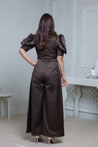 DARK OLIVE FRONT TIE UP AND PUFFED SHORT SLEEVED JUMPSUIT