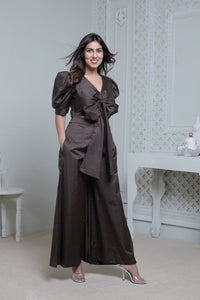DARK OLIVE FRONT TIE UP AND PUFFED SHORT SLEEVED JUMPSUIT
