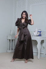 Load image into Gallery viewer, DARK OLIVE FRONT TIE UP AND PUFFED SHORT SLEEVED JUMPSUIT
