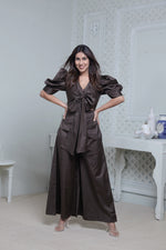 Load image into Gallery viewer, DARK OLIVE FRONT TIE UP AND PUFFED SHORT SLEEVED JUMPSUIT
