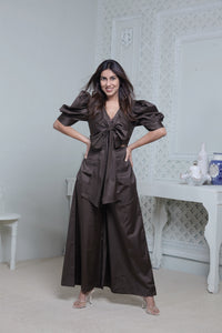 DARK OLIVE FRONT TIE UP AND PUFFED SHORT SLEEVED JUMPSUIT