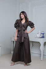 Load image into Gallery viewer, DARK OLIVE FRONT TIE UP AND PUFFED SHORT SLEEVED JUMPSUIT
