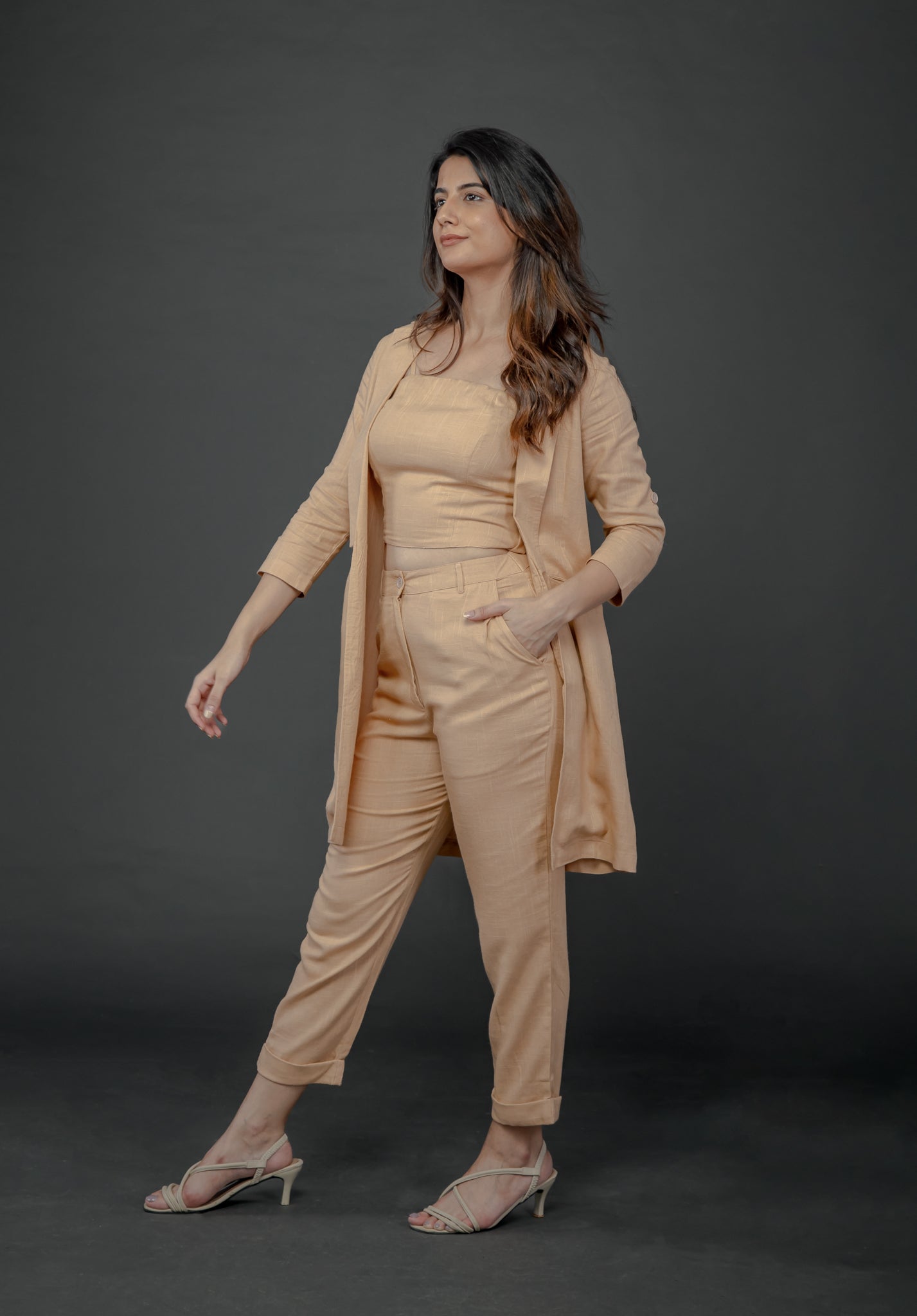 PEACH LONG JACKET WITH CROPPED PANT & SPAGHETTI INNER