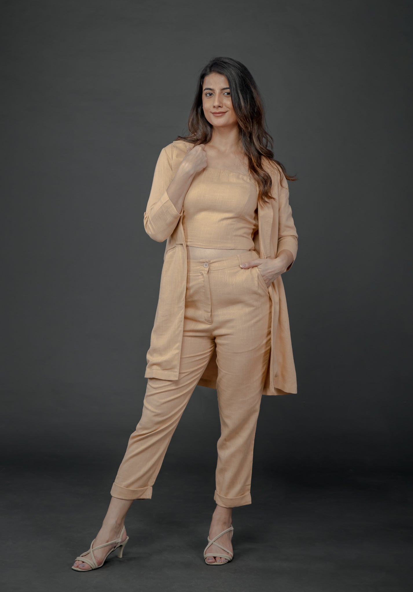 PEACH LONG JACKET WITH CROPPED PANT & SPAGHETTI INNER