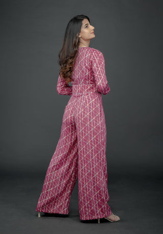 PINK LUREX GEO PRINT SHORT JACKET PAIRED TUBE BUSTIER AND FLARE PANTS