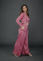 Load image into Gallery viewer, PINK LUREX GEO PRINT SHORT JACKET PAIRED TUBE BUSTIER AND FLARE PANTS
