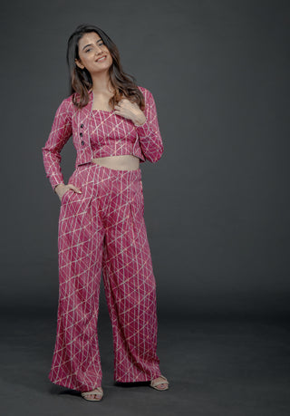 PINK LUREX GEO PRINT SHORT JACKET PAIRED TUBE BUSTIER AND FLARE PANTS