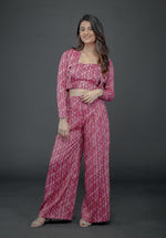 Load image into Gallery viewer, PINK LUREX GEO PRINT SHORT JACKET PAIRED TUBE BUSTIER AND FLARE PANTS
