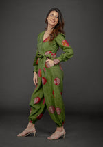 Load image into Gallery viewer, GREEN GOLD FOIL OVERLAY JUMPSUIT WITH CUFFED SLEEVE
