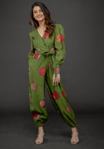 Load image into Gallery viewer, GREEN GOLD FOIL OVERLAY JUMPSUIT WITH CUFFED SLEEVE
