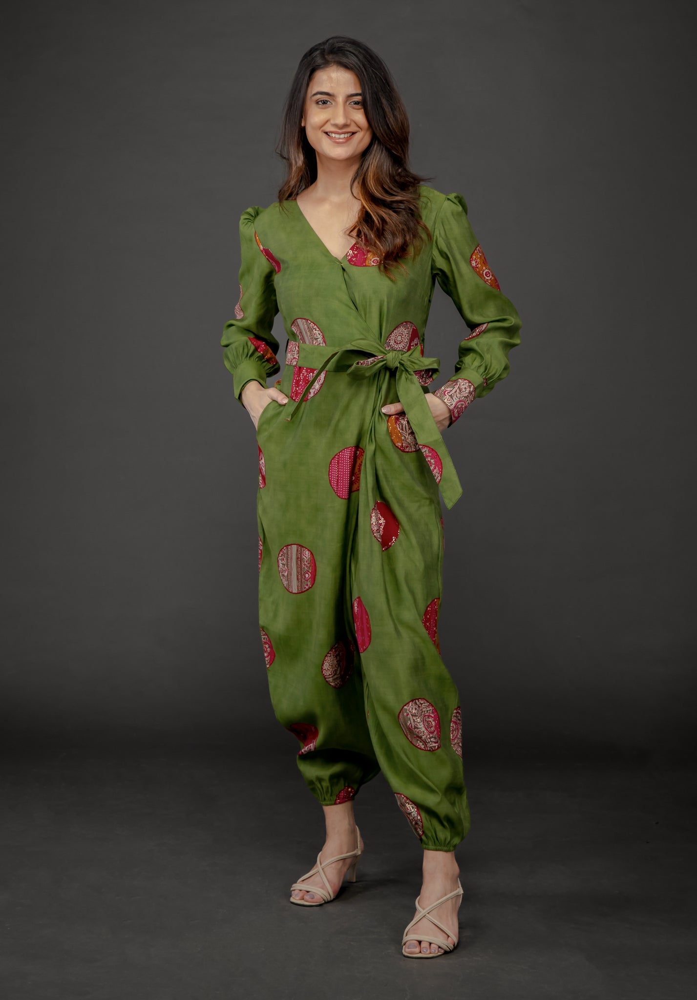 GREEN GOLD FOIL OVERLAY JUMPSUIT WITH CUFFED SLEEVE