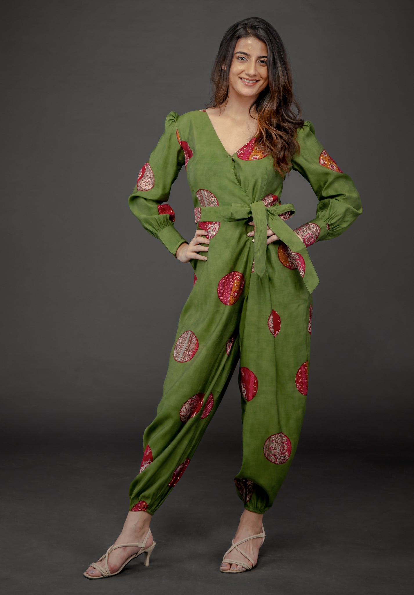 GREEN GOLD FOIL OVERLAY JUMPSUIT WITH CUFFED SLEEVE