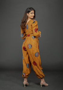 MUSTARD GOLD FOIL OVERLAY JUMPSUIT WITH CUFFED SLEEVE