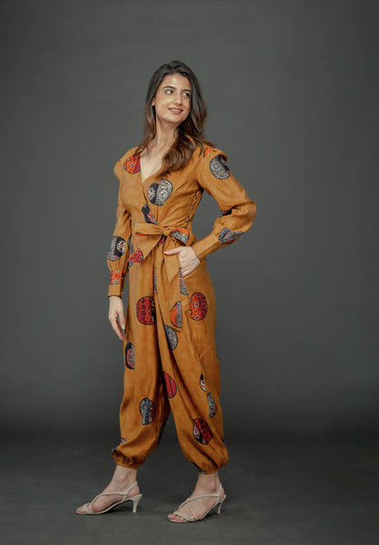 MUSTARD GOLD FOIL OVERLAY JUMPSUIT WITH CUFFED SLEEVE