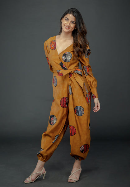 MUSTARD GOLD FOIL OVERLAY JUMPSUIT WITH CUFFED SLEEVE