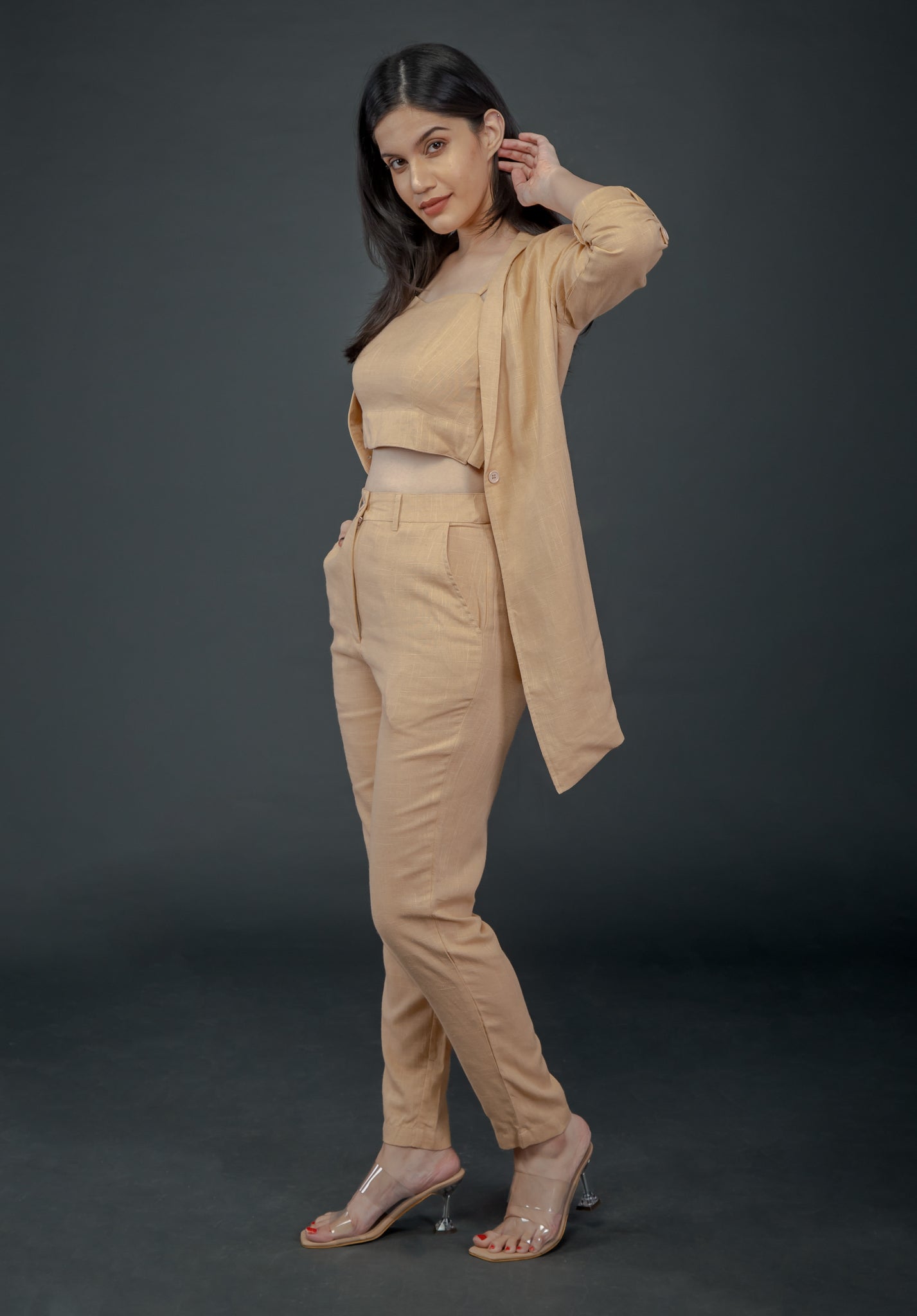 PEACH LONG JACKET WITH FITTED PANT & SWEETHEART NECKLINE BUSTIER
