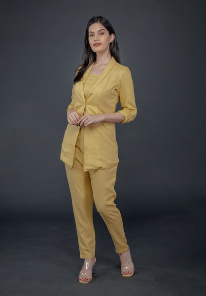 LEMON YELLOW LONG JACKET, FITTED PANT & SWEETHEART NECKLINE BUSTIER