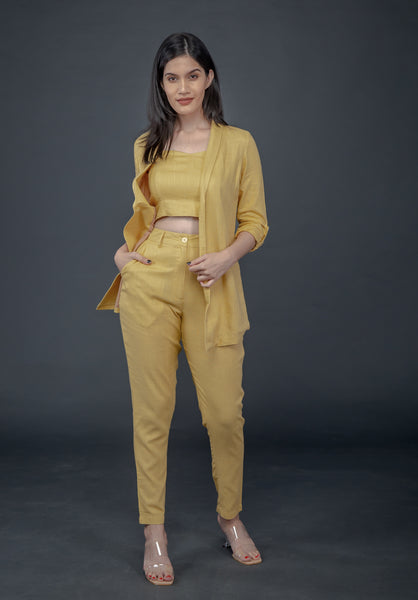 LEMON YELLOW LONG JACKET, FITTED PANT & SWEETHEART NECKLINE BUSTIER
