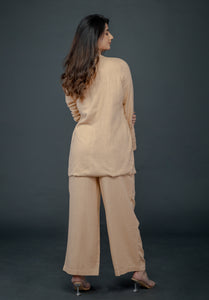 PEACH BELL-BOTTOM PANT WITH HALTER VEST COAT AND LONG BLAZER