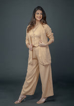 Load image into Gallery viewer, PEACH BELL-BOTTOM PANT WITH HALTER VEST COAT AND LONG BLAZER
