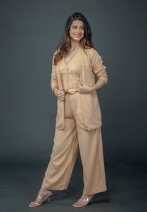 PEACH BELL-BOTTOM PANT WITH HALTER VEST COAT AND LONG BLAZER