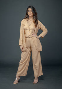 PEACH BELL-BOTTOM PANT WITH HALTER VEST COAT AND LONG BLAZER