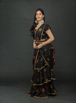 Load image into Gallery viewer, BLACK GOLD FOIL LAYERED SKIRT SAREE WITH BLOUSE &amp; WAIST BELT
