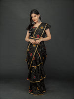 Load image into Gallery viewer, BLACK GOLD FOIL LAYERED SKIRT SAREE WITH BLOUSE &amp; WAIST BELT
