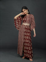 Load image into Gallery viewer, BROWN PRINTED TWO TONE FLARE TOP PAIRED WITH LONG SKIRT WITH SLIT
