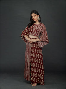 BROWN PRINTED TWO TONE FLARE TOP PAIRED WITH LONG SKIRT WITH SLIT