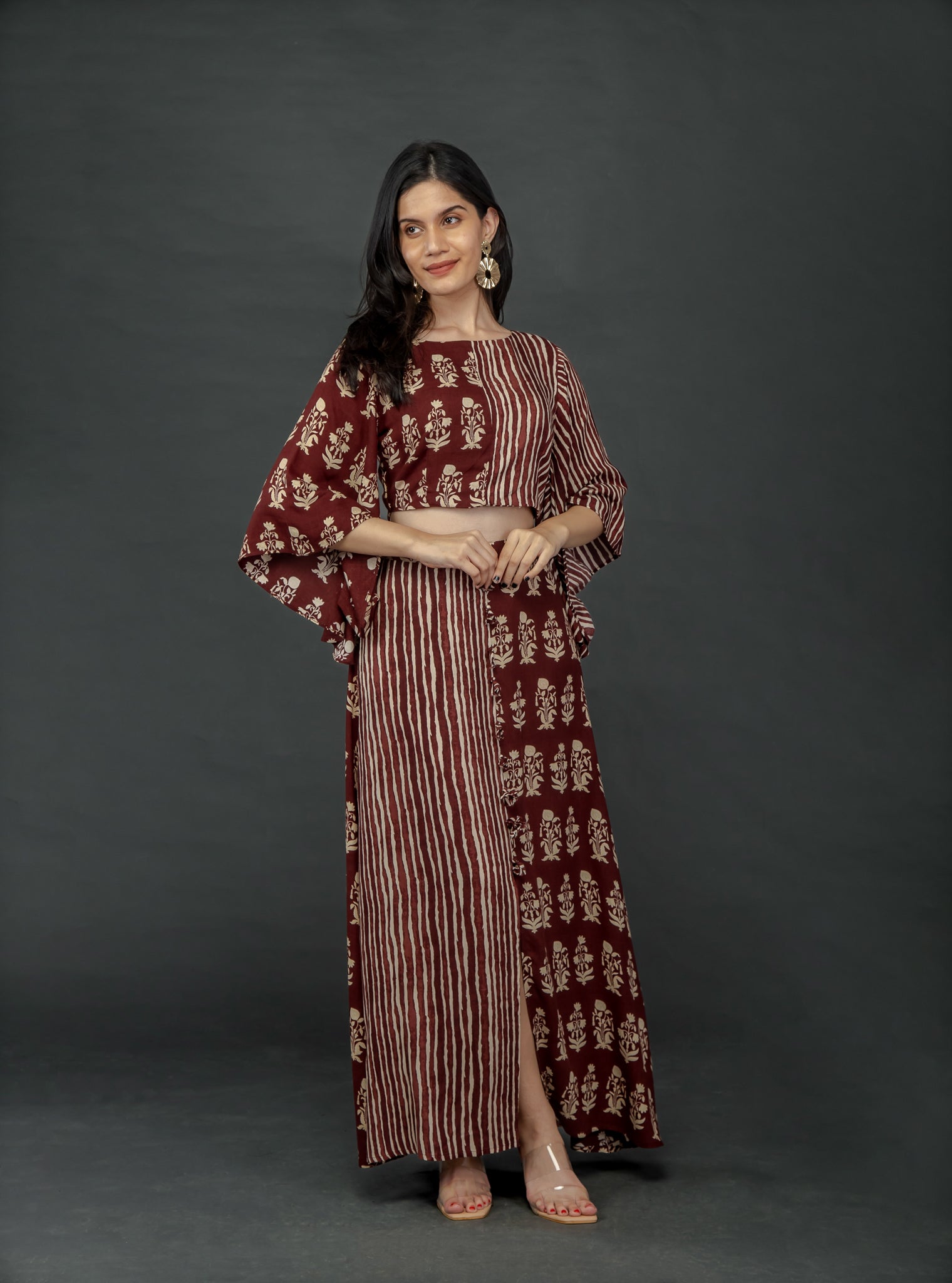 BROWN PRINTED TWO TONE FLARE TOP PAIRED WITH LONG SKIRT WITH SLIT